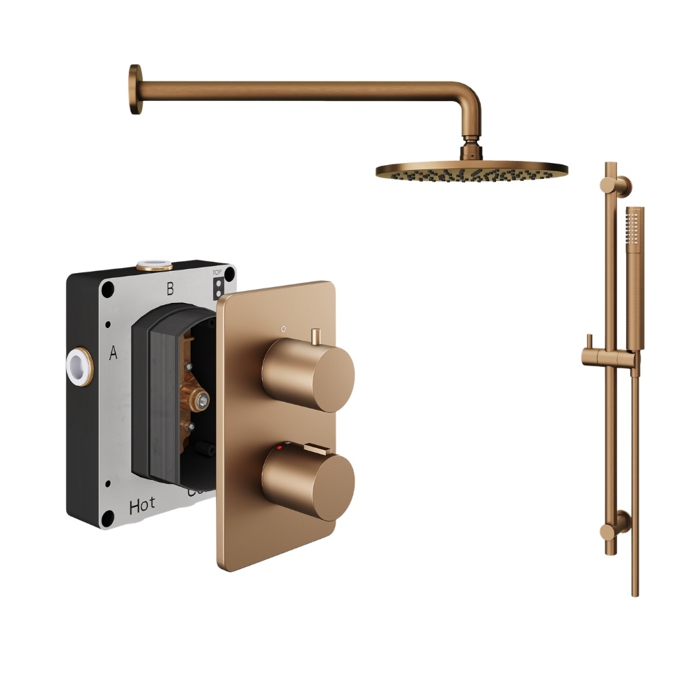 Product Cut out image of the Abacus Iso Brushed Bronze 2 Outlet Shower Pack with Fixed Head & Slide Rail